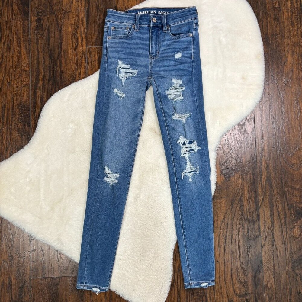 American Eagle Skinny Jeans 00 Hi-Rise Jegging Light Wash Ripped‎ Stretch